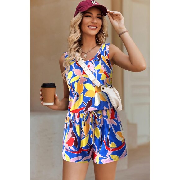 🆕 Women Blue Summer Solid Jumpsuit Loose Sleeveless Short Soft Romper Pocket - Picture 4 of 6